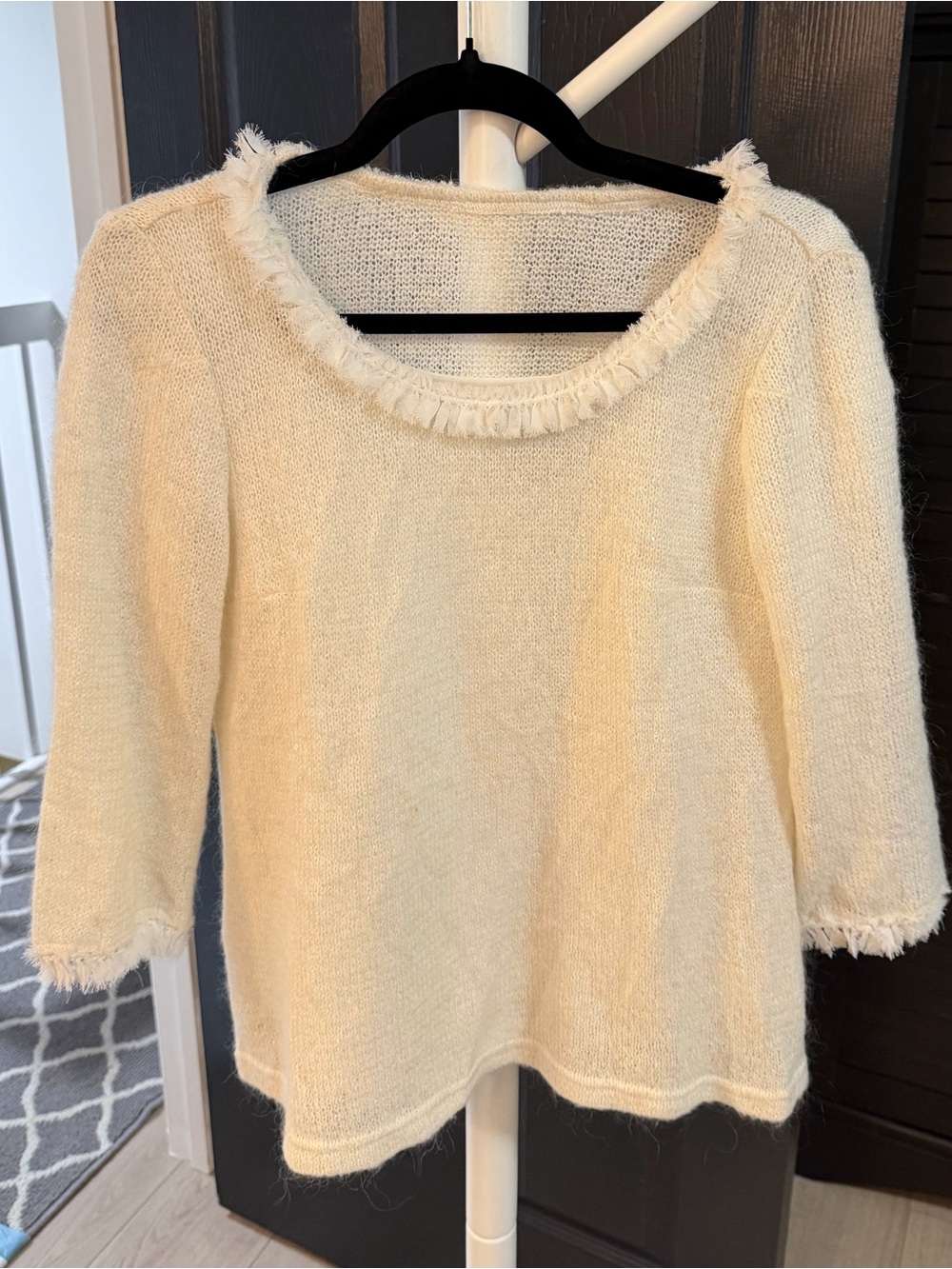 Sara Campbell Cream Scoop-Neck Fringe-Trim Knit Top